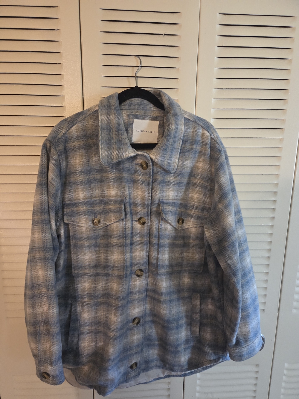 American Eagle Outfitters Light Blue and Cream Plaid Shacket